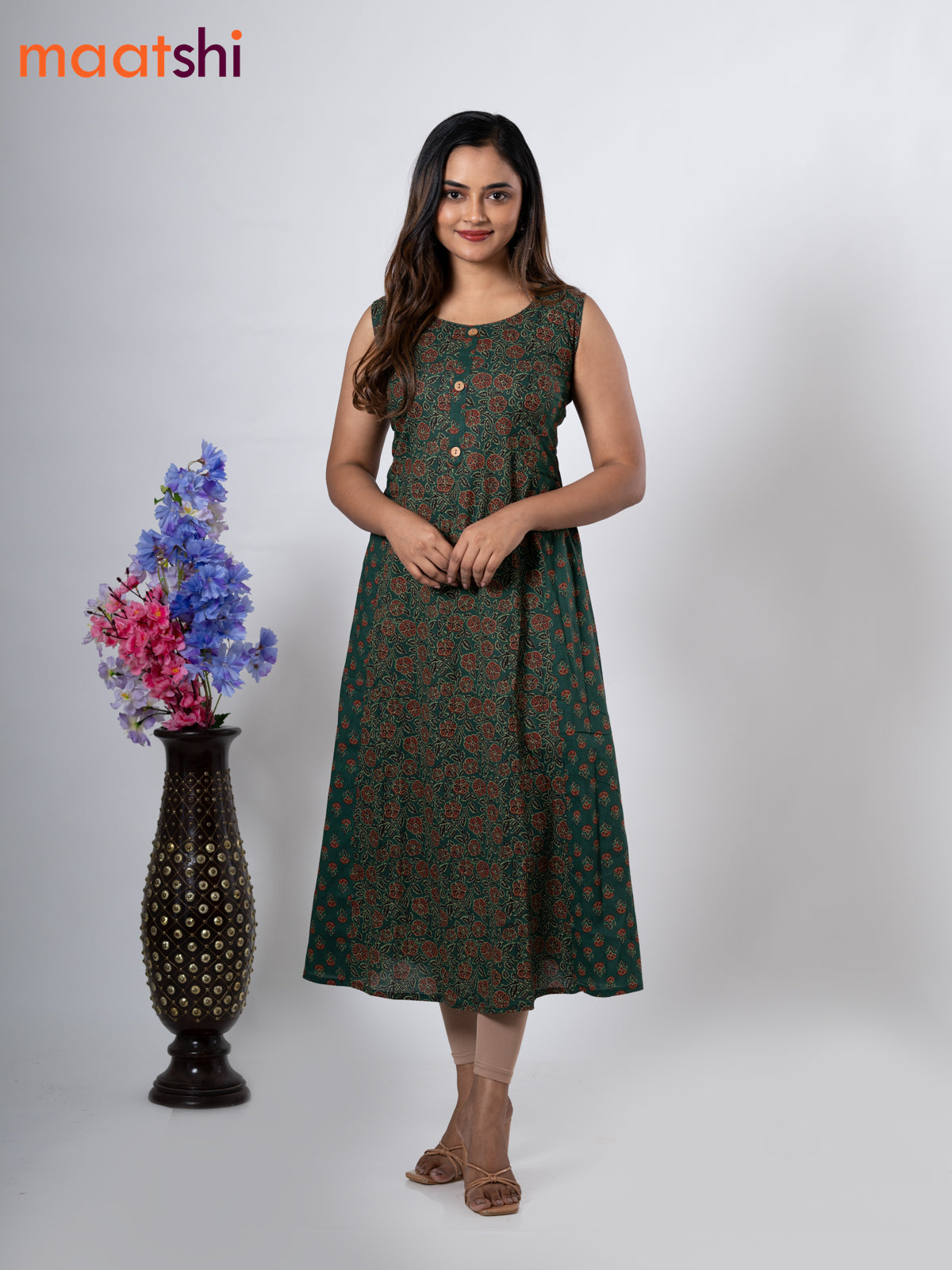 Cotton anarkali kurti green with allover floral prints & simple patch work neck pattern without pant - sleeve attached