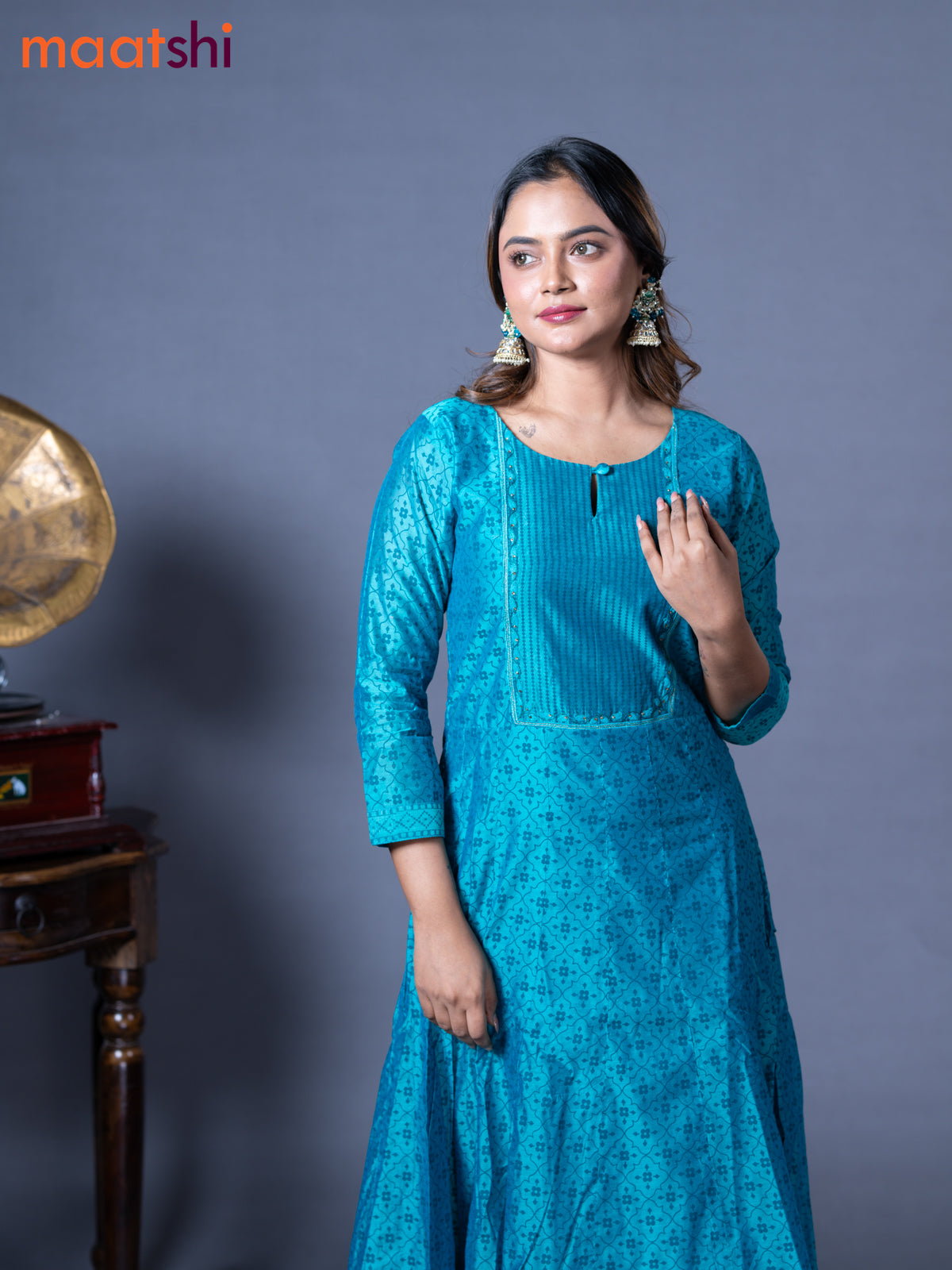 Raw silk readymade floor length kurti blue shade with allover prints & embroidery work neck pattern without pant