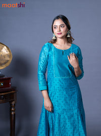 Raw silk readymade floor length kurti blue shade with allover prints & embroidery work neck pattern without pant