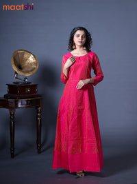 Raw silk readymade floor length kurti dual shade of pink with allover prints & embroidery work neck pattern without pant