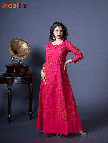 Raw silk readymade floor length kurti dual shade of pink with allover prints & embroidery work neck pattern without pant