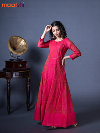 Raw silk readymade floor length kurti dual shade of pink with allover prints & embroidery work neck pattern without pant