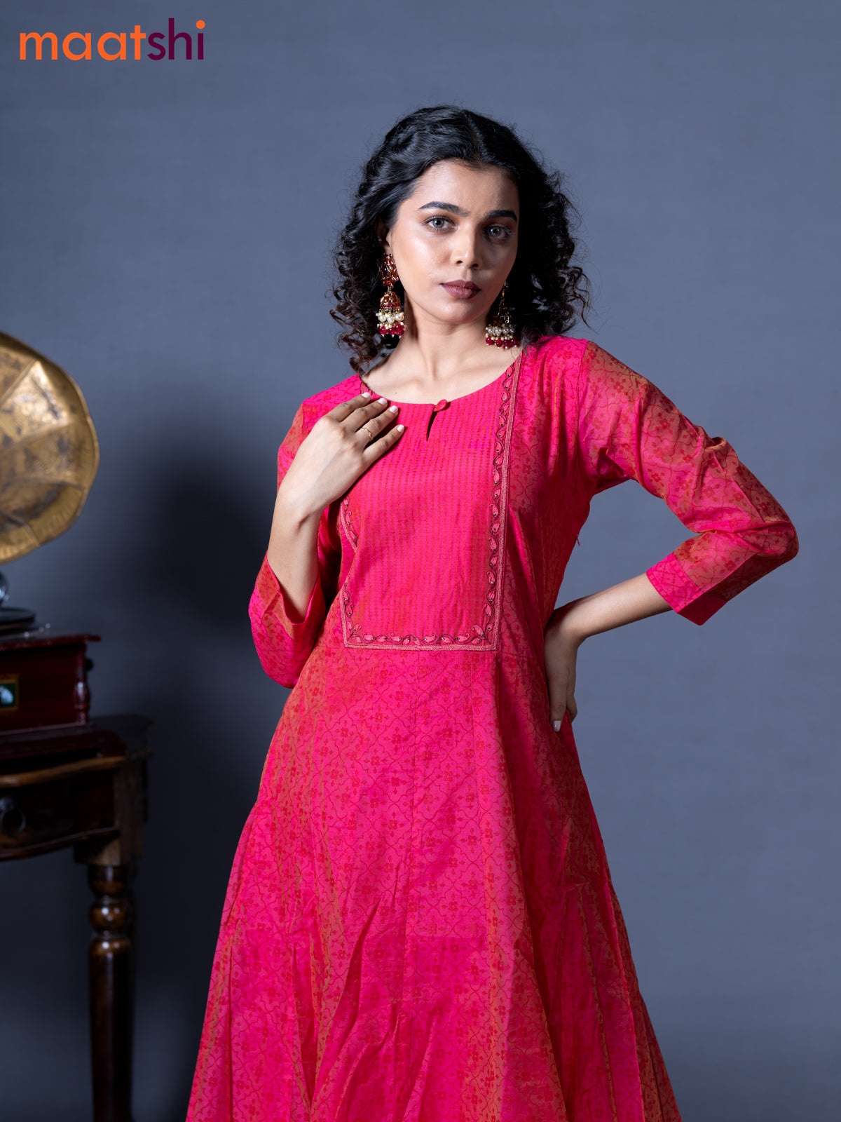 Raw silk readymade floor length kurti dual shade of pink with allover prints & embroidery work neck pattern without pant