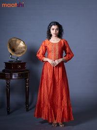 Raw silk readymade floor length kurti rustic orange with allover prints & embroidery work neck pattern without pant - raw silk