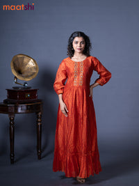 Raw silk readymade floor length kurti rustic orange with allover prints & embroidery work neck pattern without pant - raw silk