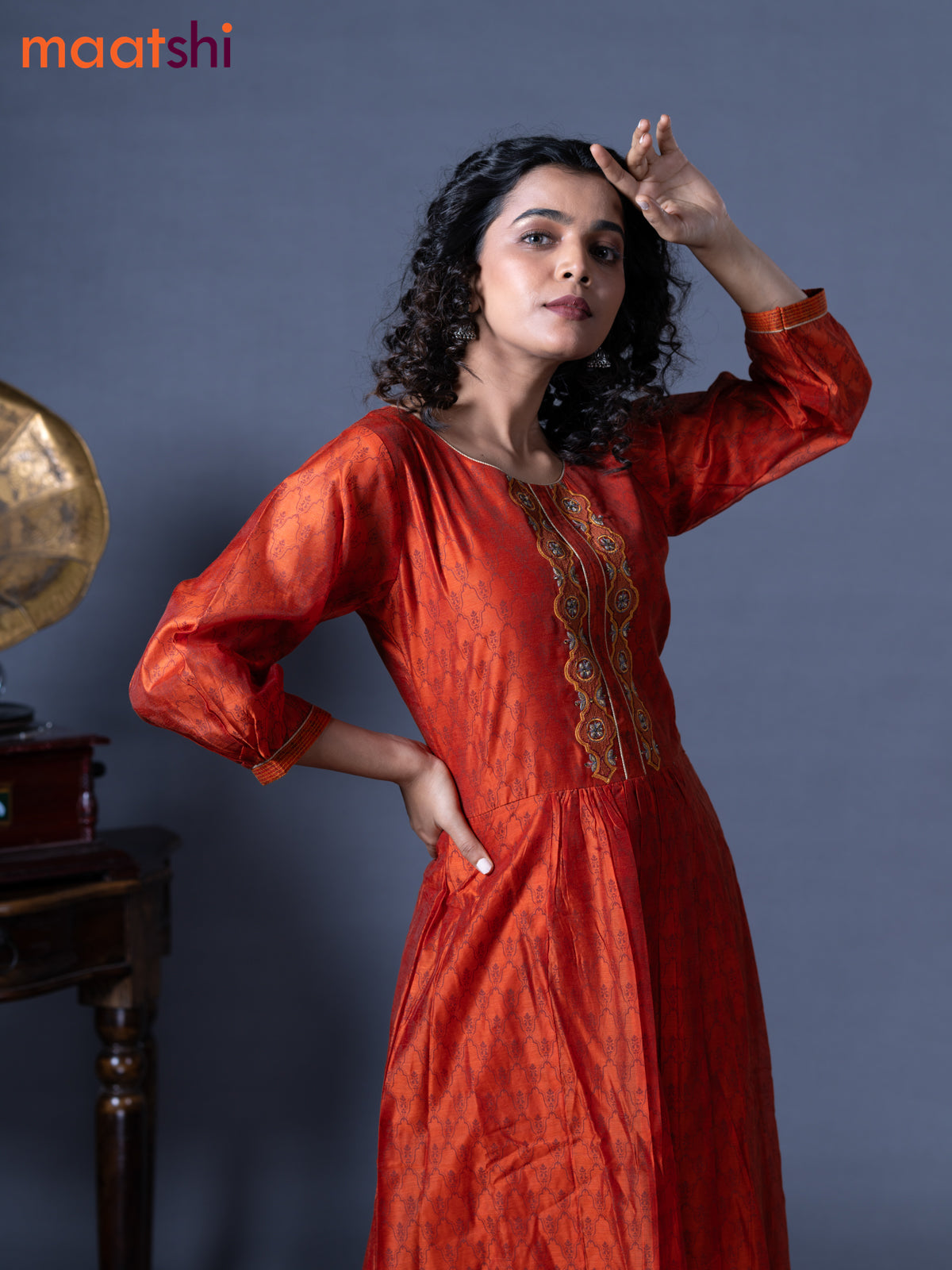 Raw silk readymade floor length kurti rustic orange with allover prints & embroidery work neck pattern without pant - raw silk