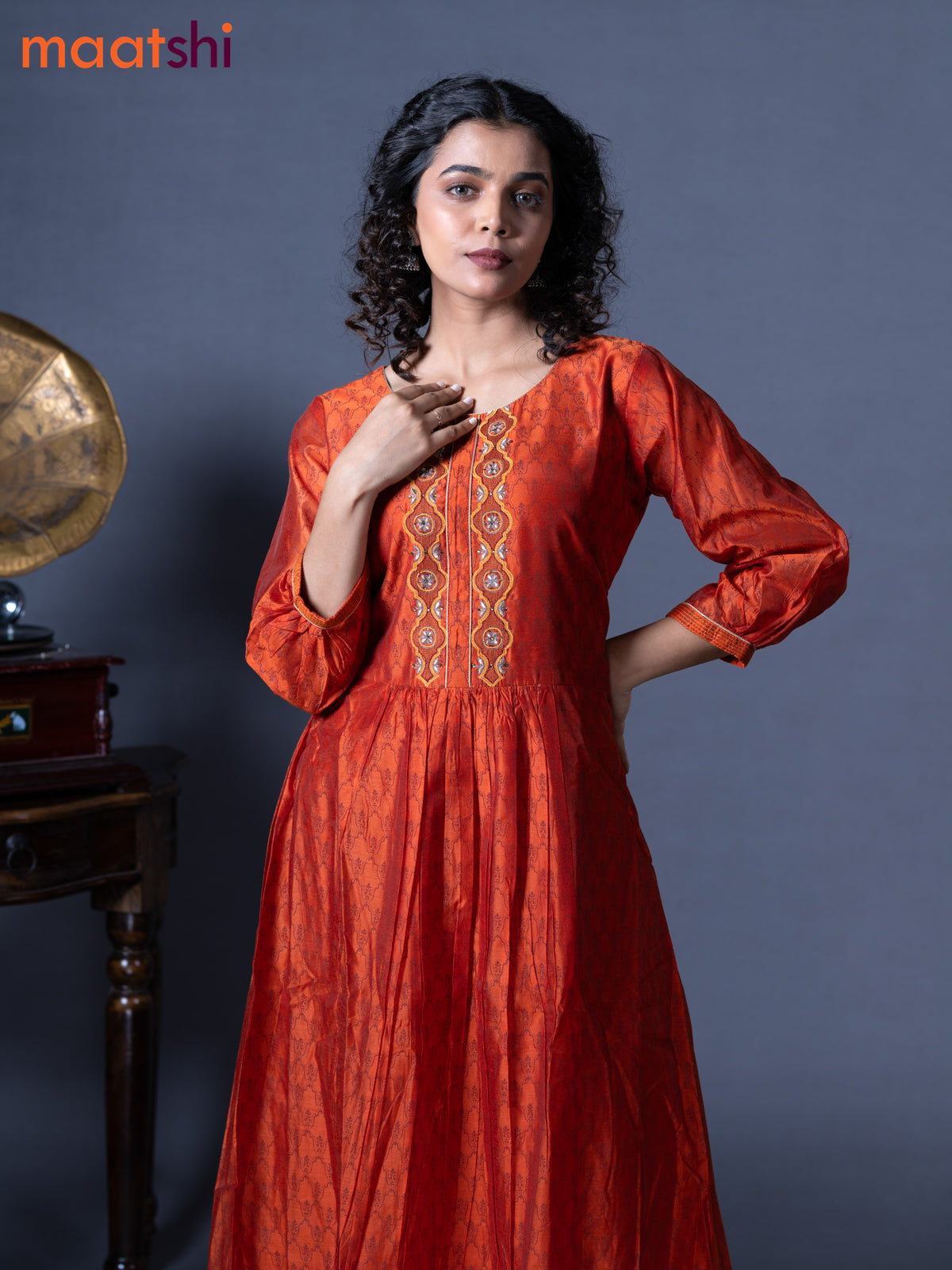 Raw silk readymade floor length kurti rustic orange with allover prints & embroidery work neck pattern without pant - raw silk