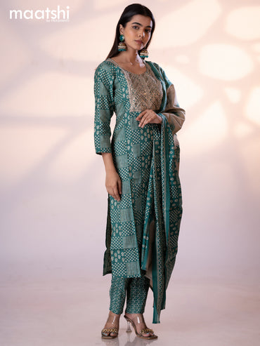 Muslin readymade salwar suit teal green with allover prints & embroidery sequin work neck pattern and straight cut pant & printed dupatta