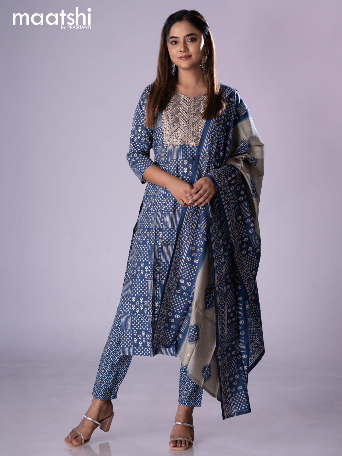 Muslin readymade salwar suit blue with allover prints & embroidery sequin work neck pattern and straight cut pant & printed dupatta