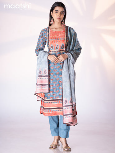 Muslin readymade salwar suit pastel blue and red shade with allover floral prints & stone chamki work neck pattern and straight cut pant & printed dupatta