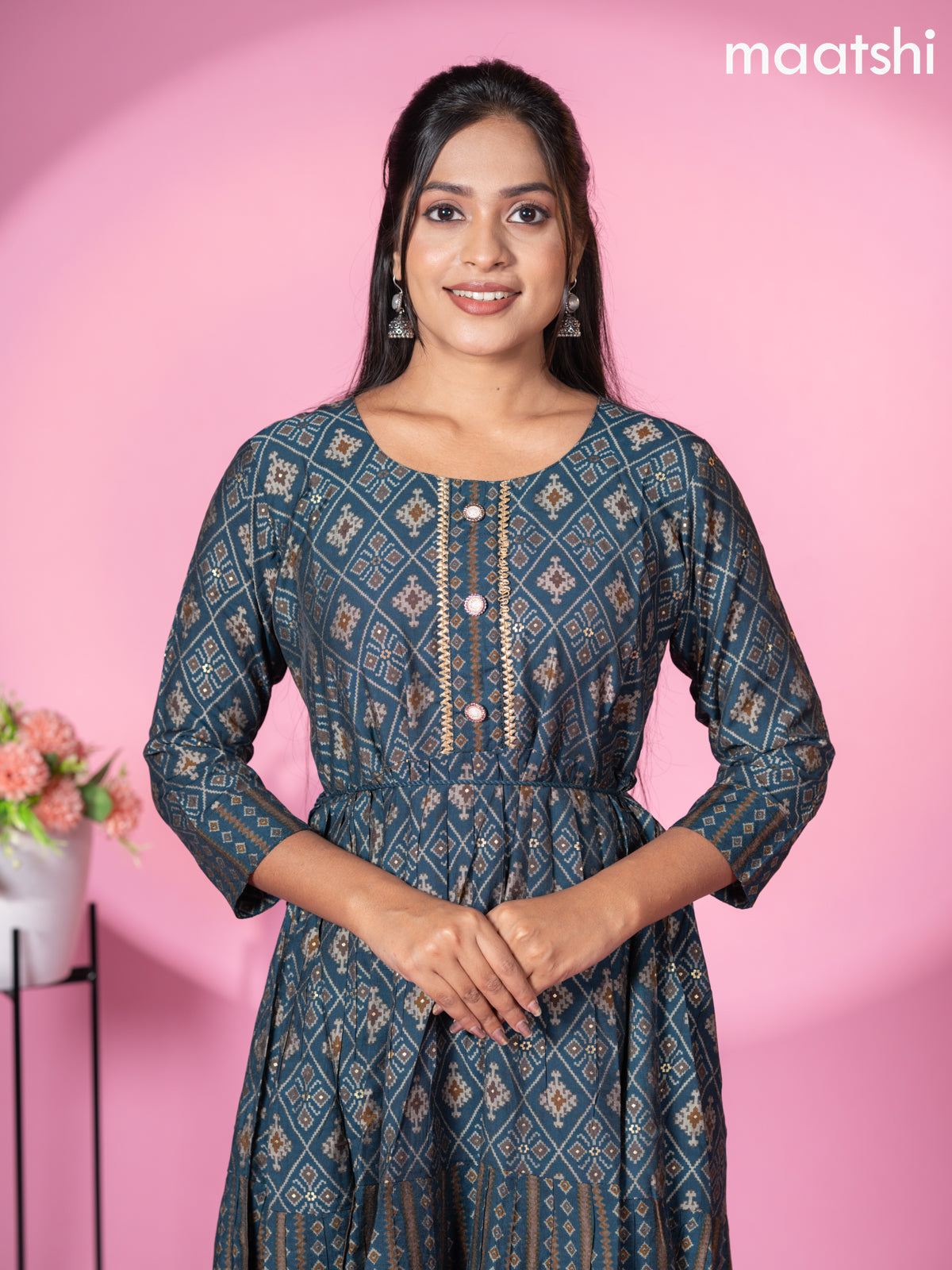 Muslin readymade short umbrella kurti peacock blue with allover patola & lace work neck pattern without pant