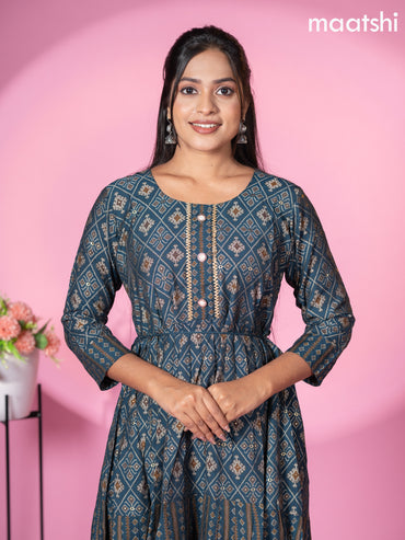 Muslin readymade short umbrella kurti peacock blue with allover patola & lace work neck pattern without pant