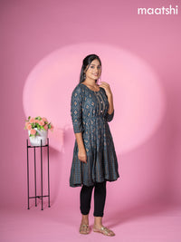 Muslin readymade short umbrella kurti peacock blue with allover patola & lace work neck pattern without pant