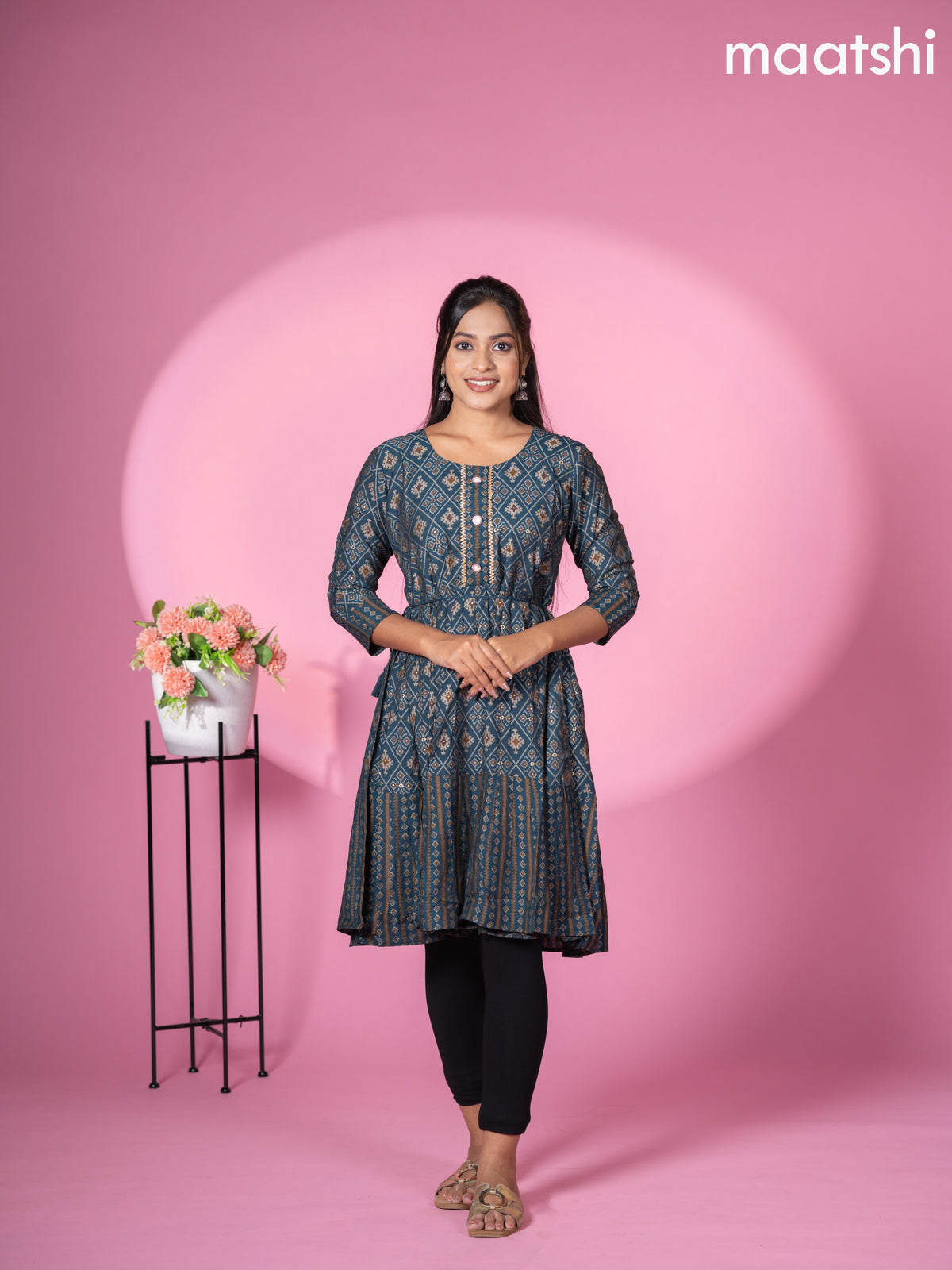 Muslin readymade short umbrella kurti peacock blue with allover patola & lace work neck pattern without pant