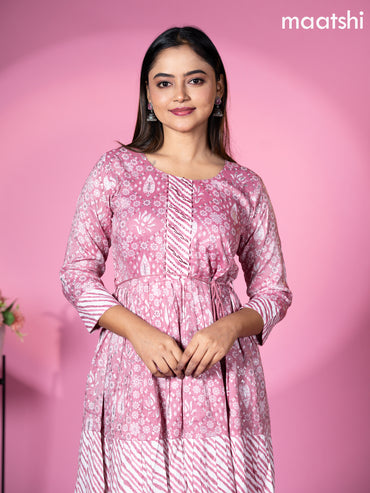 Cotton readymade short umbrella kurti mauve pink with allover floral batik prints & embroidery work neck pattern without pant