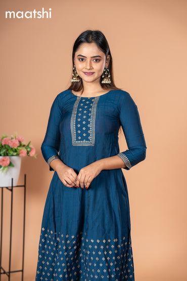 Rayon readymade anarkali kurti peacock blue with prints & simple neck pattern without pant