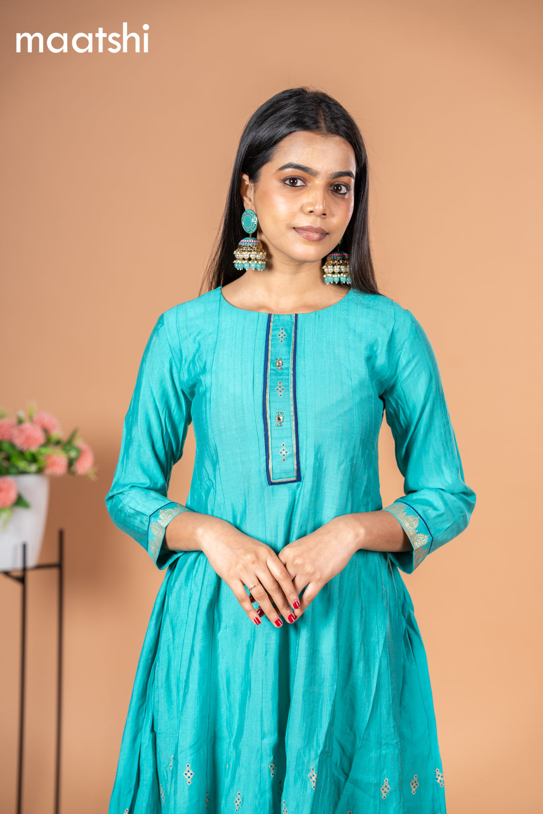 Rayon readymade anarkali kurti teal blue with butta prints & simple neck pattern without pant