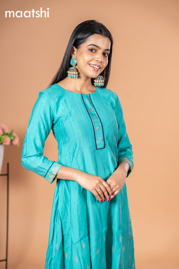 Rayon readymade anarkali kurti teal blue with butta prints & simple neck pattern without pant