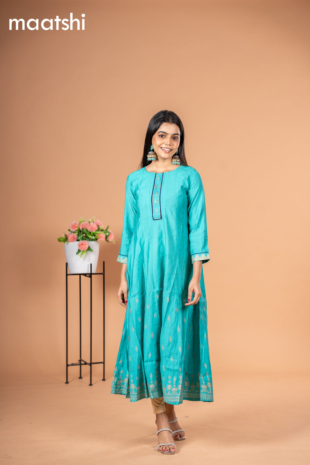 Rayon readymade anarkali kurti teal blue with butta prints & simple neck pattern without pant