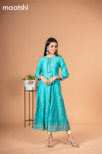 Rayon readymade anarkali kurti teal blue with butta prints & simple neck pattern without pant