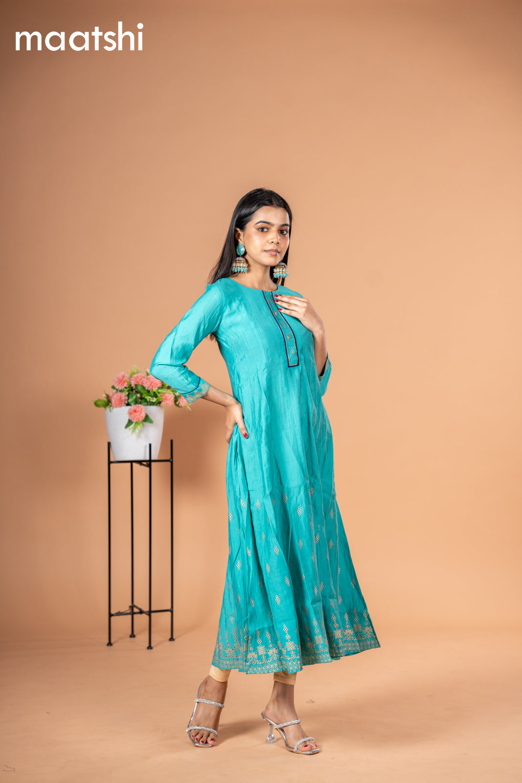 Rayon readymade anarkali kurti teal blue with butta prints & simple neck pattern without pant