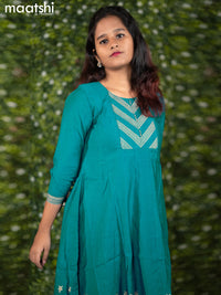 Rayon readymade anarkali kurti peacock green with prints & simple neck pattern without pant