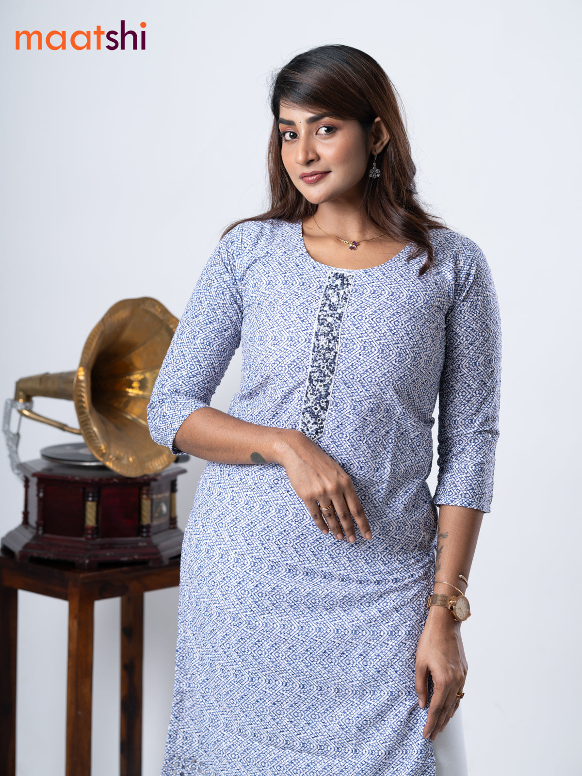 Cotton kurti off white and blue with geometric print chikankari work & beaded neck pattern without pant