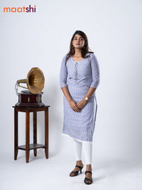 Cotton kurti off white and blue with geometric print chikankari work & beaded neck pattern without pant