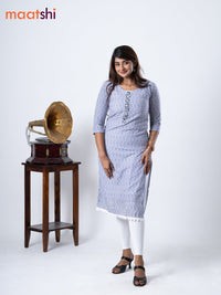 Cotton kurti off white and blue with geometric print chikankari work & beaded neck pattern without pant