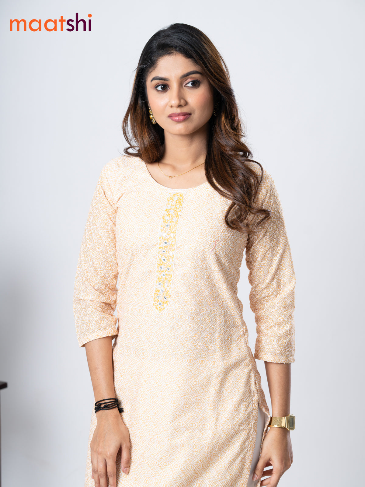 Cotton kurti off white and yellow with geometric print chikankari work & beaded neck pattern without pant