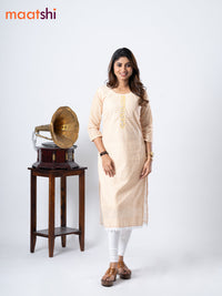 Cotton kurti off white and yellow with geometric print chikankari work & beaded neck pattern without pant