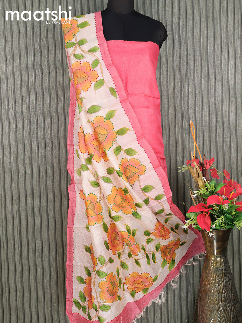 Silk Peach Dress Material With Floral Work Dupatta