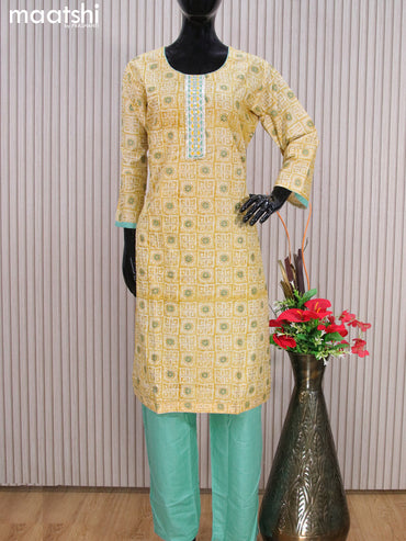 Cotton readymade salwar suits pale yellow and pastel green with allover prints & sequin work neck pattern and bottom & cotton dupatta