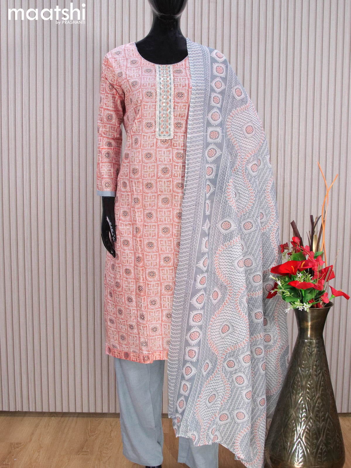 Cotton readymade salwar suits pastel peach and grey with allover prints & sequin work neck pattern and bottom & cotton dupatta