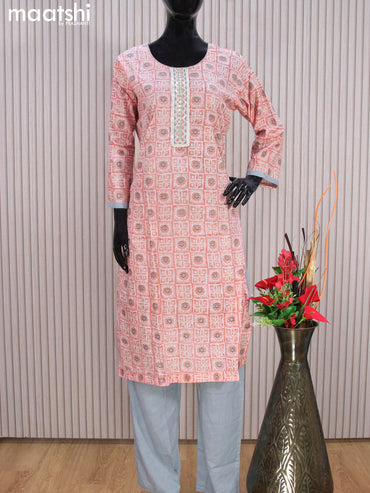 Cotton readymade salwar suits pastel peach and grey with allover prints & sequin work neck pattern and bottom & cotton dupatta