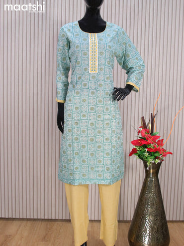 Cotton readymade salwar suits pastel green and sandal with allover prints & sequin work neck pattern and bottom & cotton dupatta