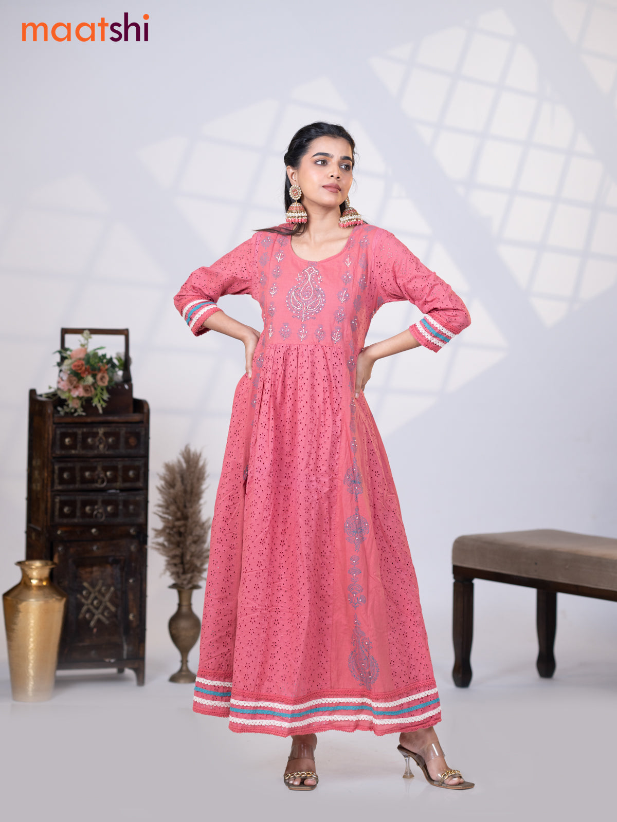 Cotton readymade umbrella kurti pink shade with allover hakoba work & beaded work neck pattern without pant