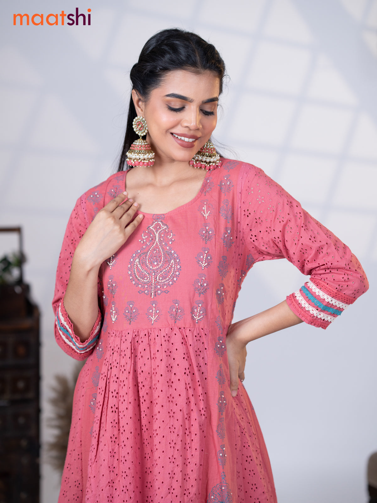 Cotton readymade umbrella kurti pink shade with allover hakoba work & beaded work neck pattern without pant