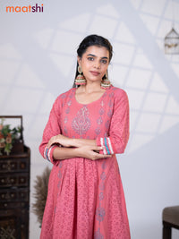 Cotton readymade umbrella kurti pink shade with allover hakoba work & beaded work neck pattern without pant