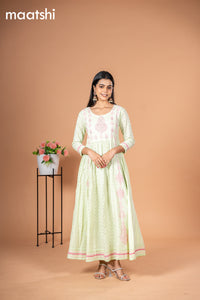 Cotton readymade anarkali kurti mild pista green with allover hakoba work & beaded work neck pattern without pant