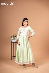 Cotton readymade anarkali kurti mild pista green with allover hakoba work & beaded work neck pattern without pant