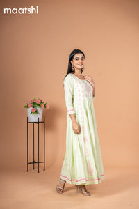 Cotton readymade anarkali kurti mild pista green with allover hakoba work & beaded work neck pattern without pant