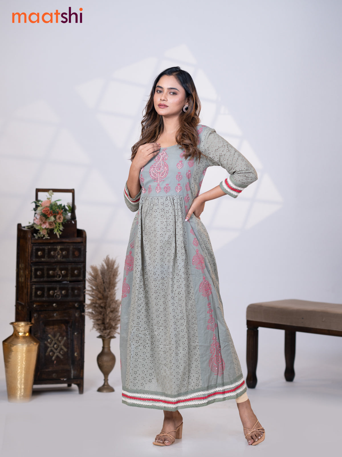 Cotton readymade umbrella kurti grey with allover hakoba work & beaded work neck pattern without pant