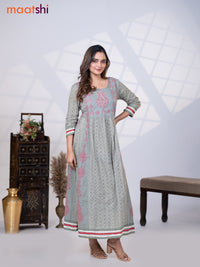 Cotton readymade umbrella kurti grey with allover hakoba work & beaded work neck pattern without pant