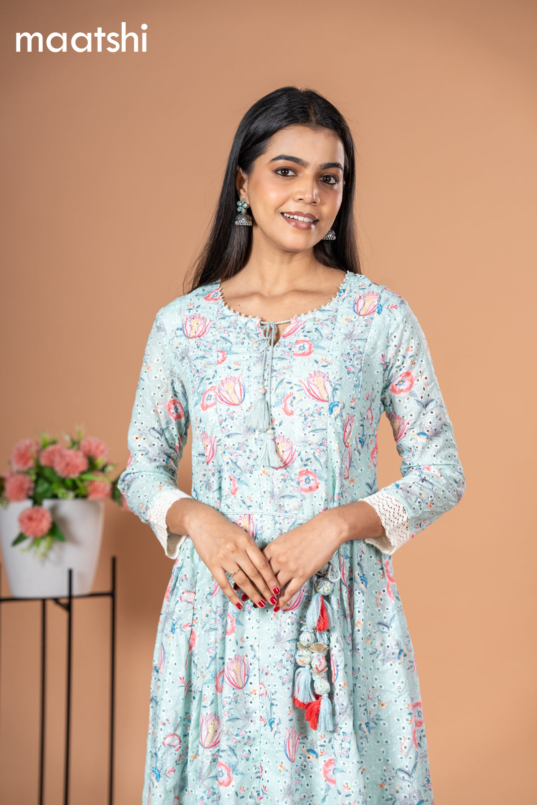 Cotton readymade anarkali kurti teal green shade with allover floral prints & hakoba work without pant