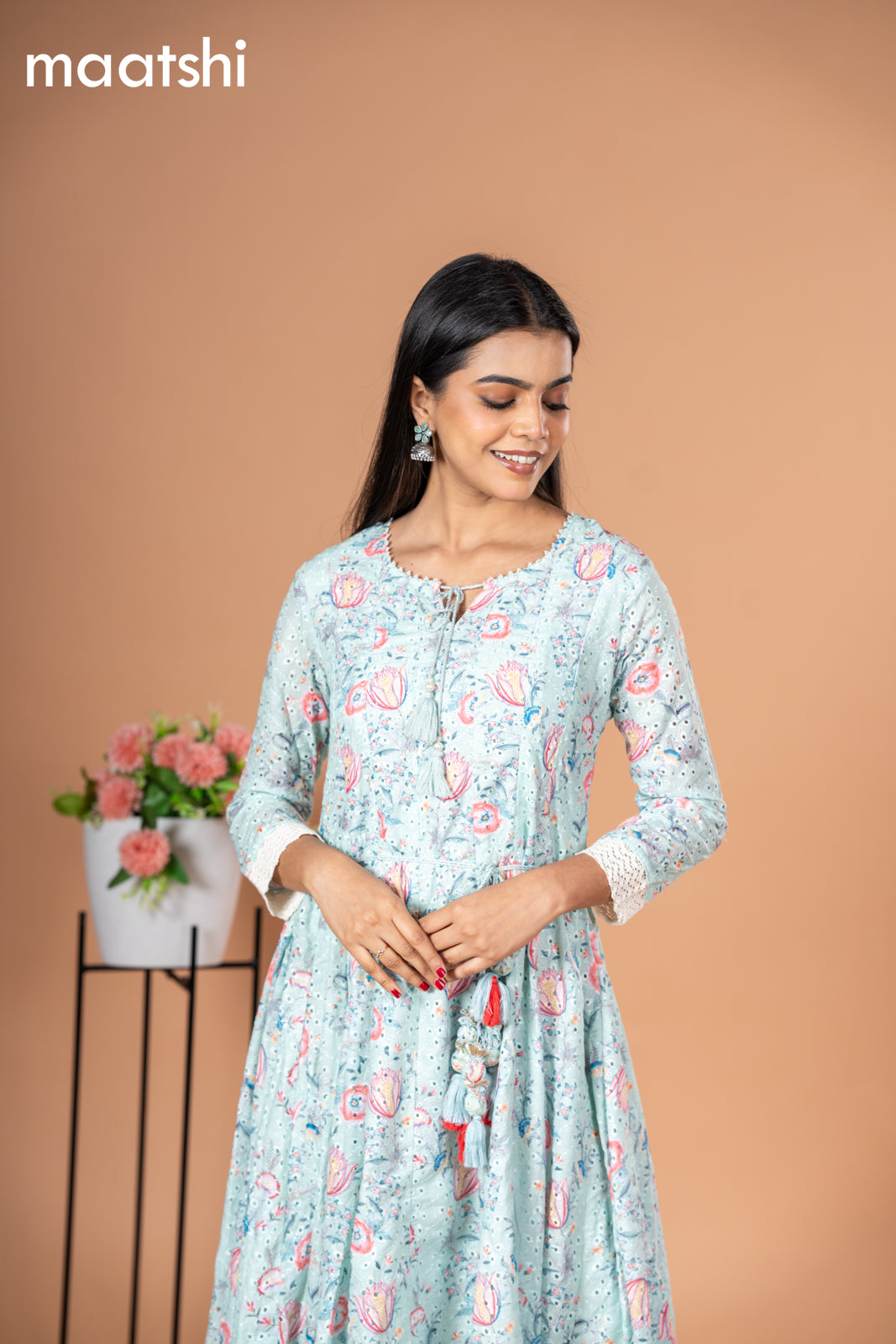 Cotton readymade anarkali kurti teal green shade with allover floral prints & hakoba work without pant