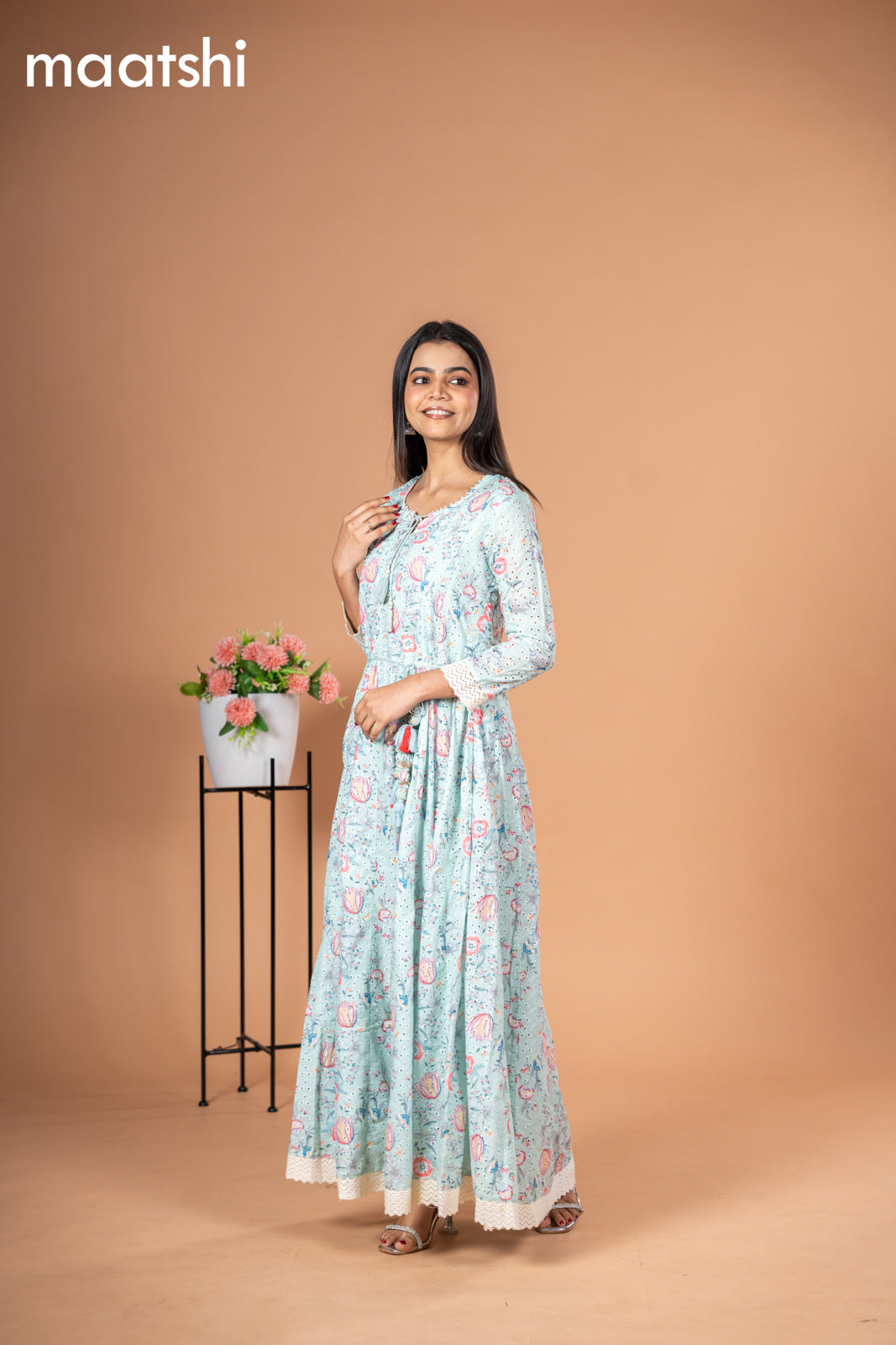 Cotton readymade anarkali kurti teal green shade with allover floral prints & hakoba work without pant