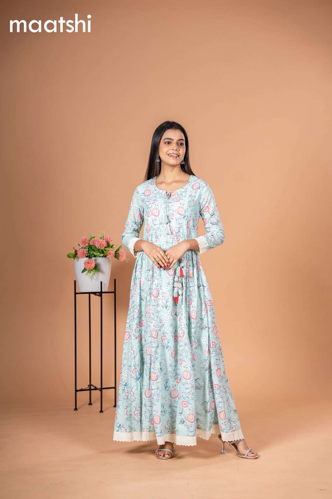 Cotton readymade anarkali kurti teal green shade with allover floral prints & hakoba work without pant