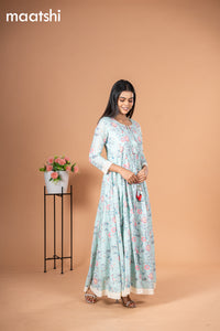 Cotton readymade anarkali kurti teal green shade with allover floral prints & hakoba work without pant