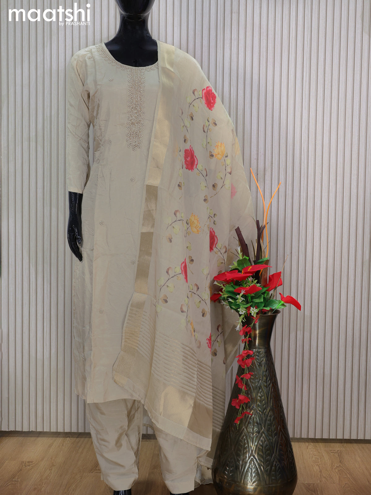 Muslin readymade salwar suits beige with sequin work neck pattern and straight cut pant & printed dupatta